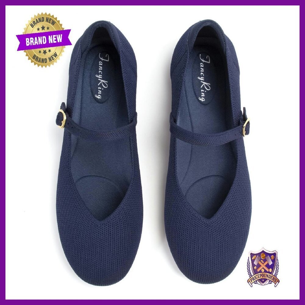 Women's Knit Ballet Flats with Adjustable Strap, Comfortable Work Shoes